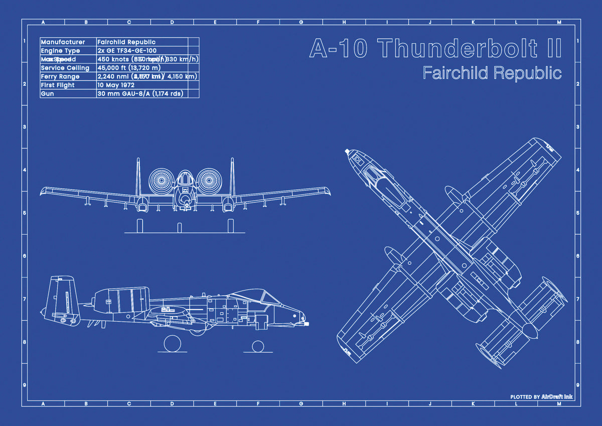 A10 Thunderbolt 2 technical aircraft plan drawing in blueprint style, aviation wall art poster gift for aircraft enthusiasts and pilots.