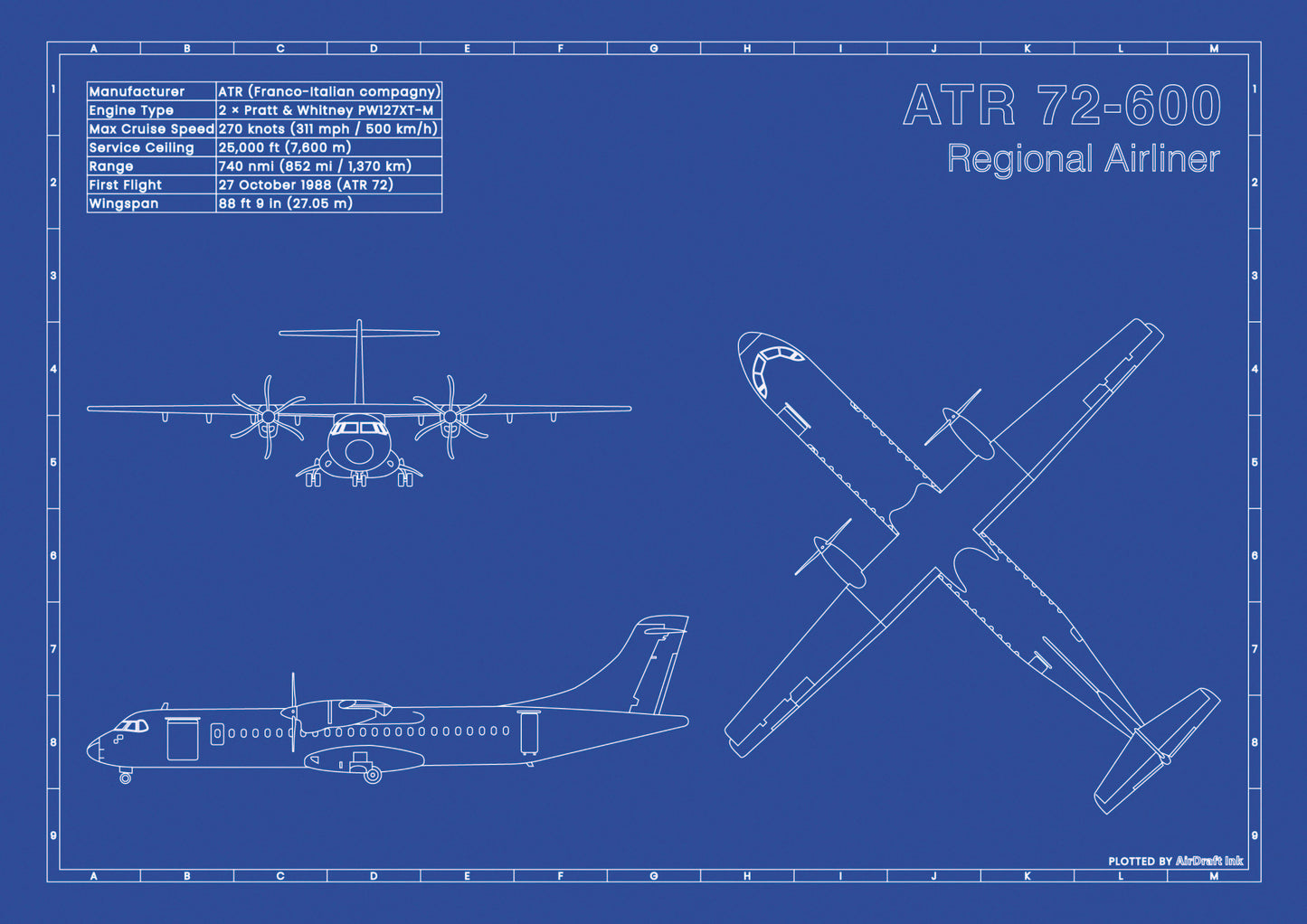 ATR 72-600 technical aircraft plan drawing in blueprint style, aviation wall art poster gift for aircraft enthusiasts and pilots.