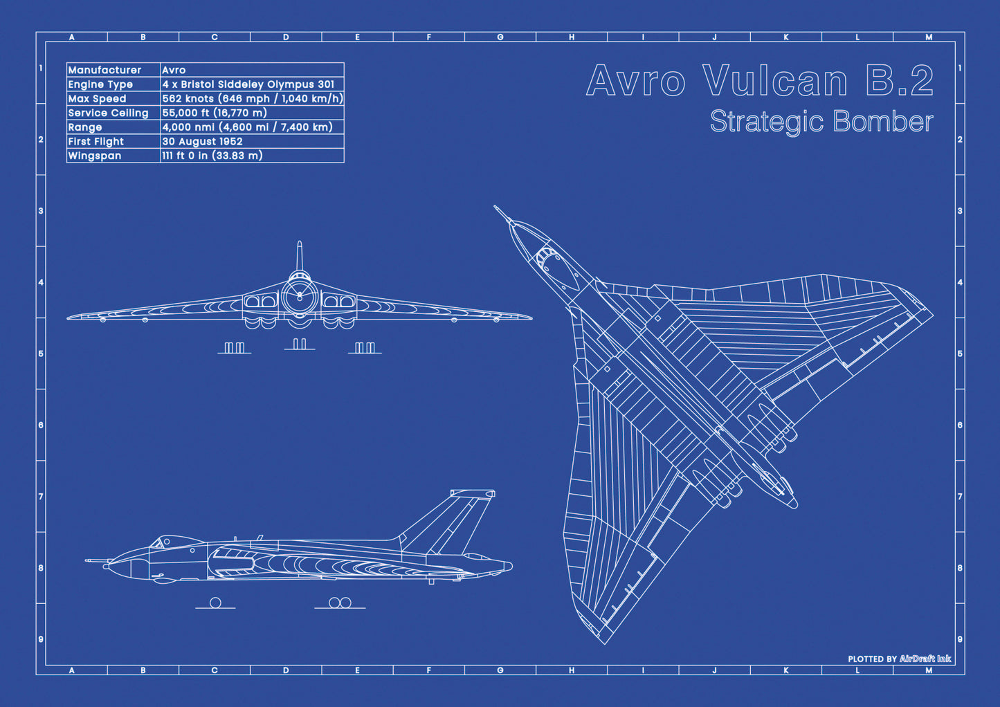 Avro Vulcan B.2 technical aircraft plan drawing in blueprint style, aviation wall art poster gift for aircraft enthusiasts and pilots.