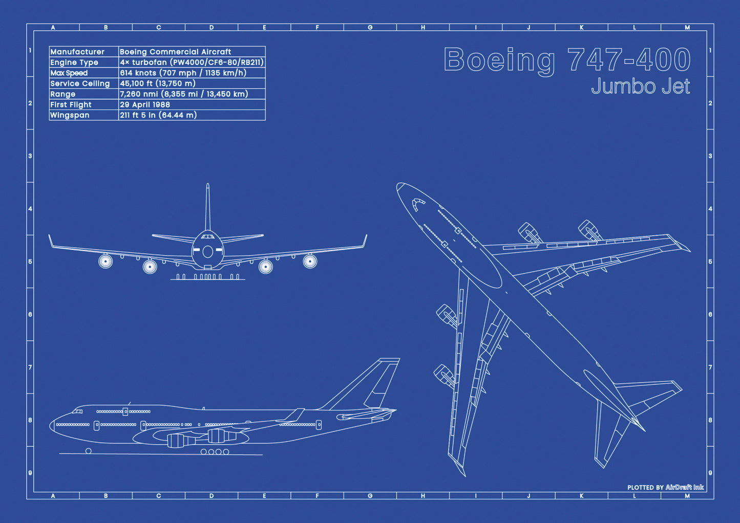 Boeing 747-400 Jumbo Jet technical aircraft plan drawing in blueprint style, aviation wall art poster gift for aircraft enthusiasts and pilots.