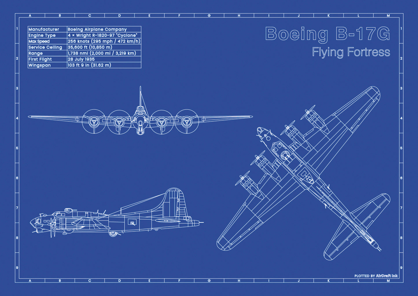 Boeing B-17G Flying Fortress technical aircraft plan drawing in blueprint style, aviation wall art poster gift for aircraft enthusiasts and pilots.