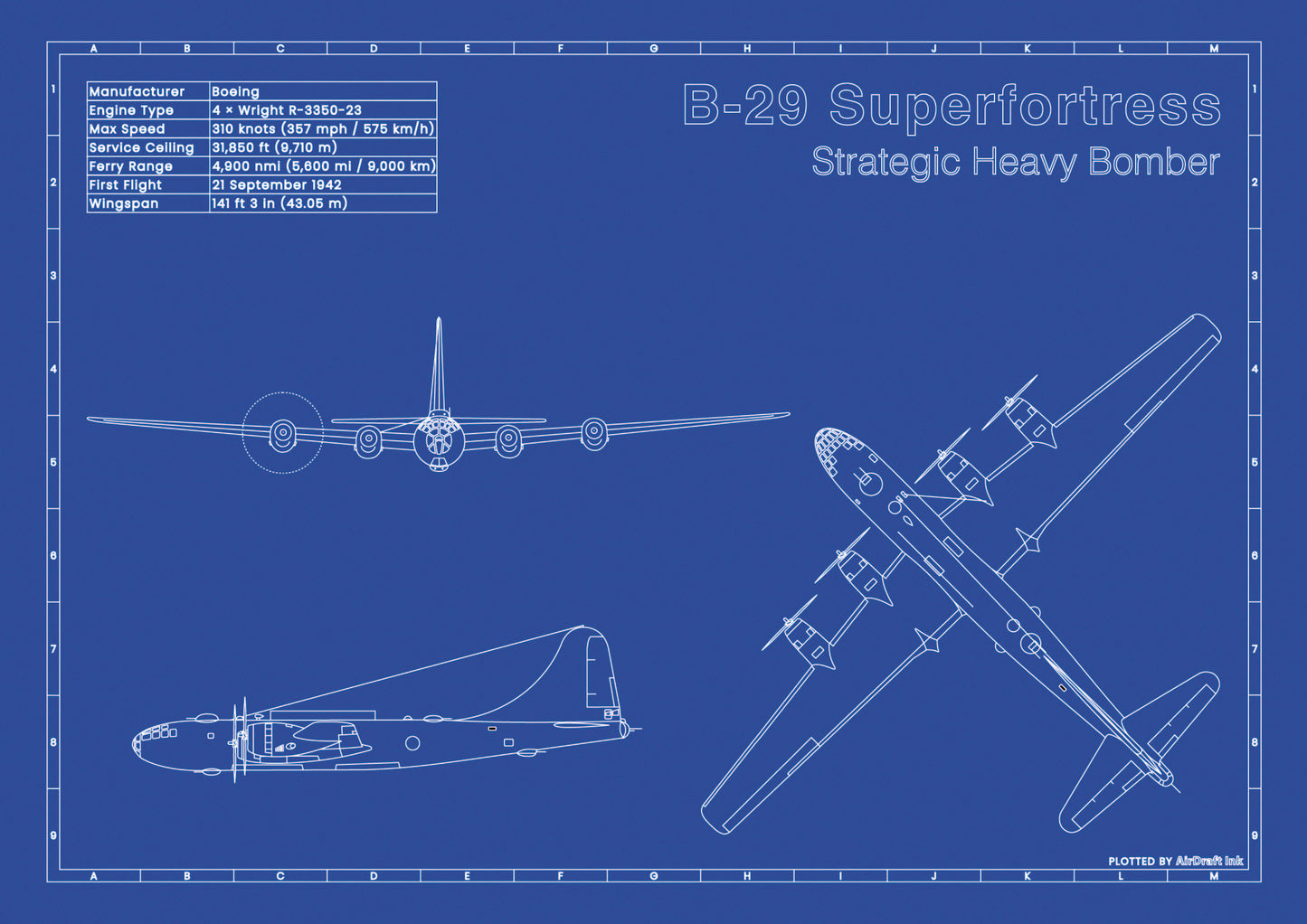 Boeing B-29 Superfortress technical aircraft plan drawing in blueprint style, aviation wall art poster gift for aircraft enthusiasts and pilots.