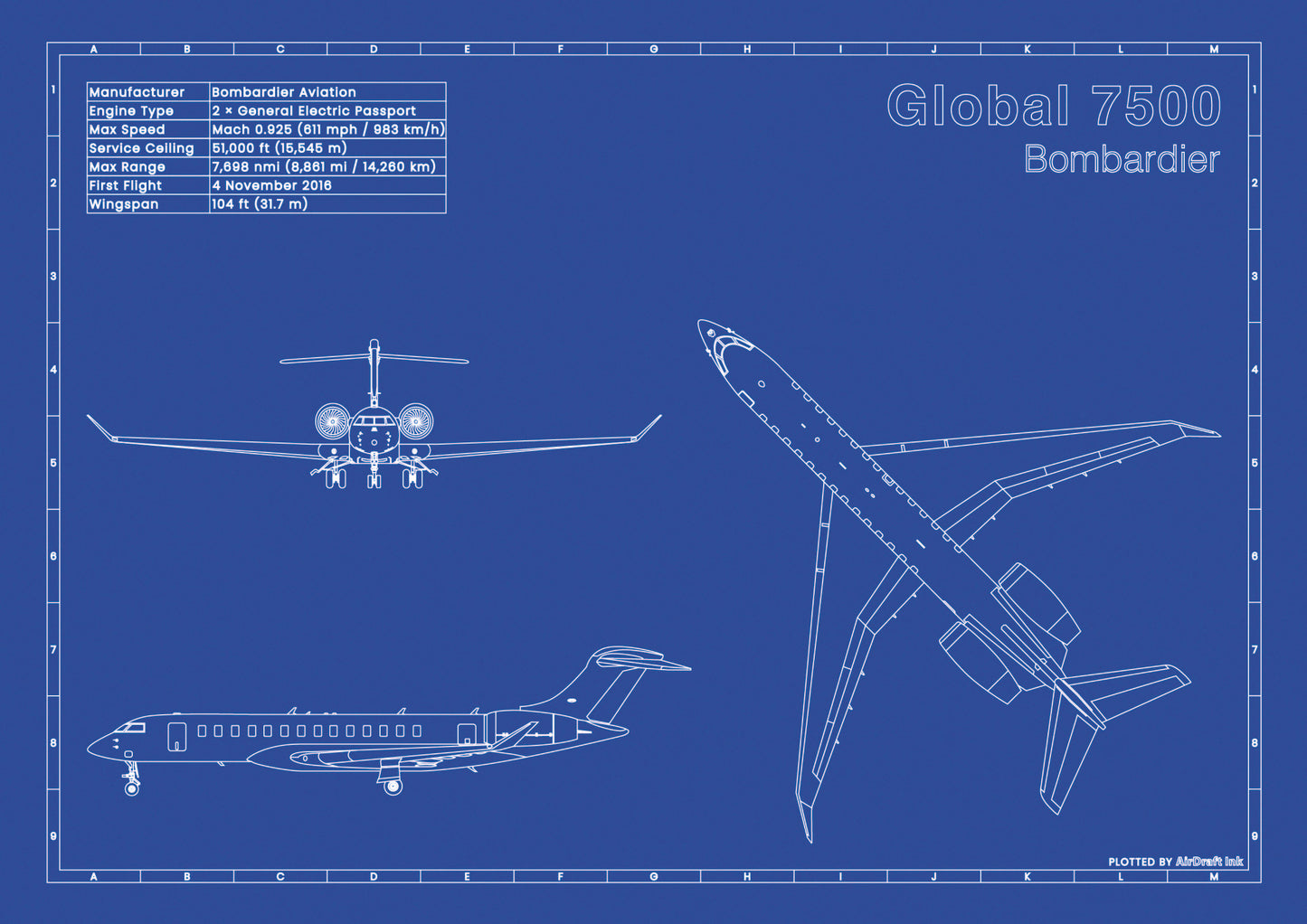 Bombardier Global 7500 technical aircraft plan drawing in blueprint style, aviation wall art poster gift for aircraft enthusiasts and pilots.