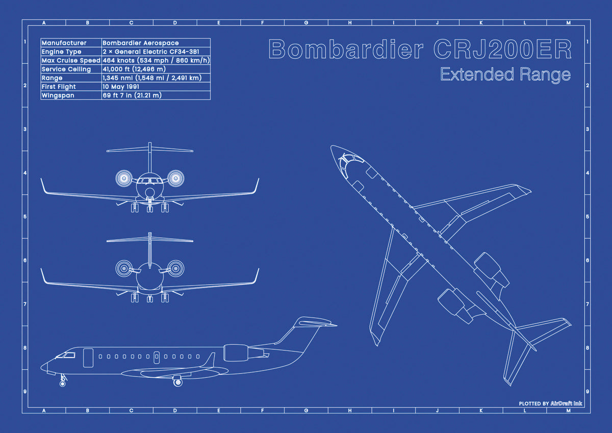 Bombardier CRJ200ER technical aircraft plan drawing in blueprint style, aviation wall art poster gift for aircraft enthusiasts and pilots.