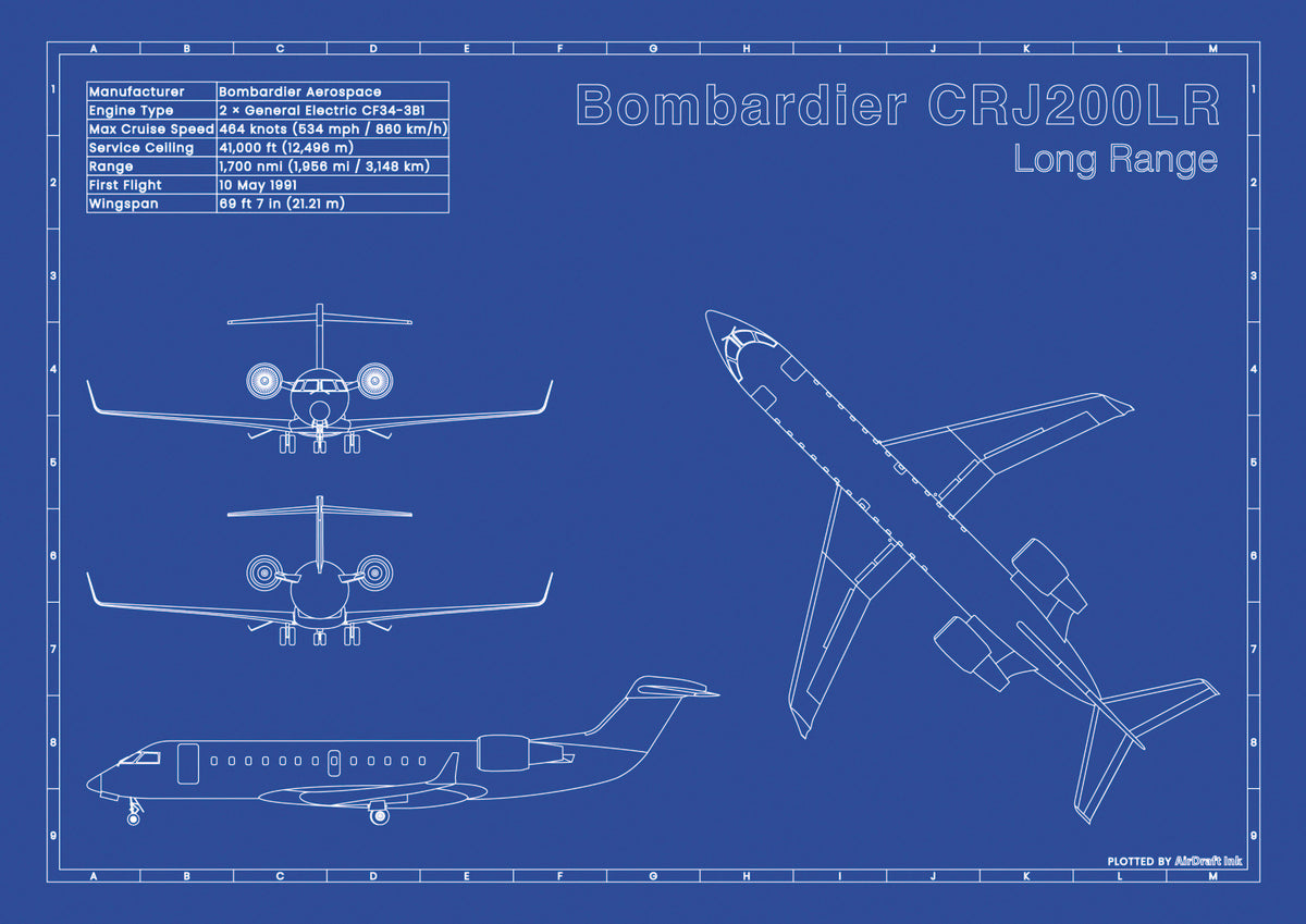 Bombardier CRJ200LR technical aircraft plan drawing in blueprint style, aviation wall art poster gift for aircraft enthusiasts and pilots.