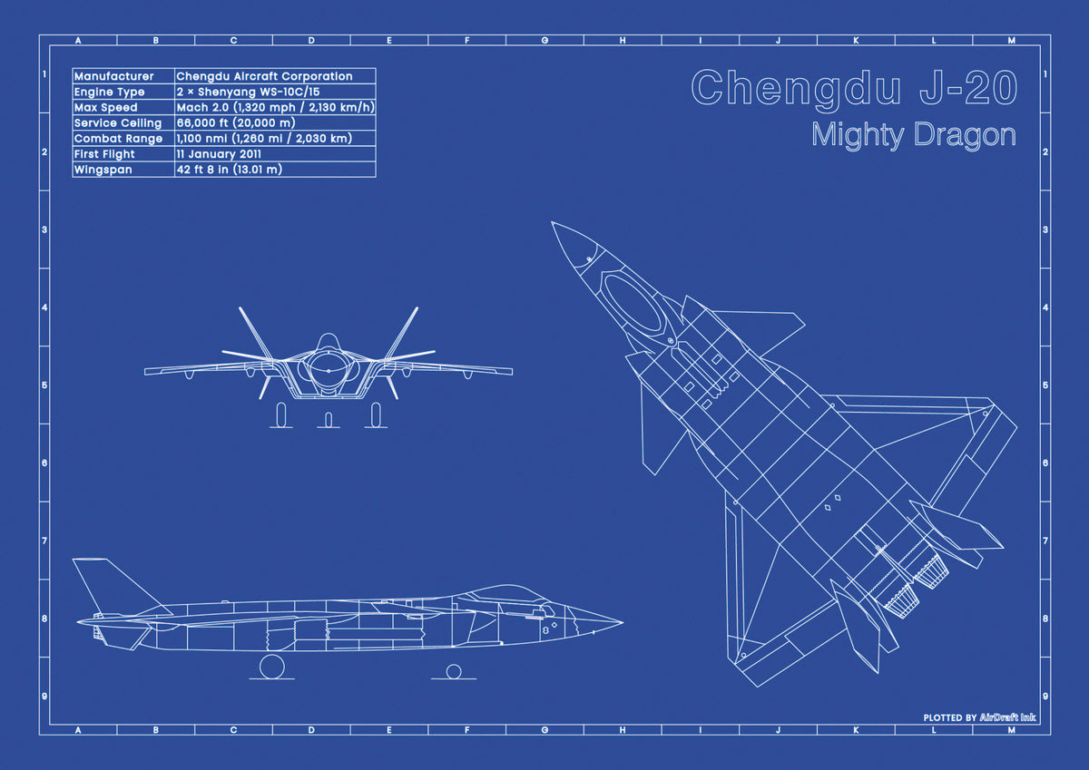 Chengdu J-20 Mighty Dragon technical aircraft plan drawing in blueprint style, aviation wall art poster gift for aircraft enthusiasts and pilots.