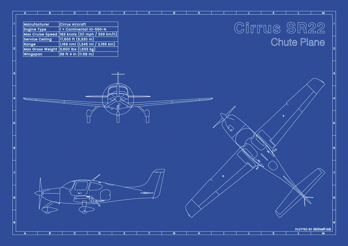 Cirrus-SR22-technical aircraft plan drawing in blueprint style, aviation wall art poster gift for aircraft enthusiasts and pilots.