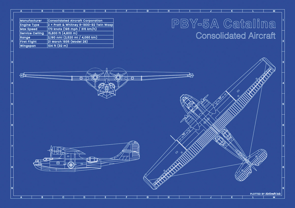 Consolidated PBY 5A Catalina technical aircraft plan drawing in blueprint style, aviation wall art poster gift for aircraft enthusiasts and pilots.