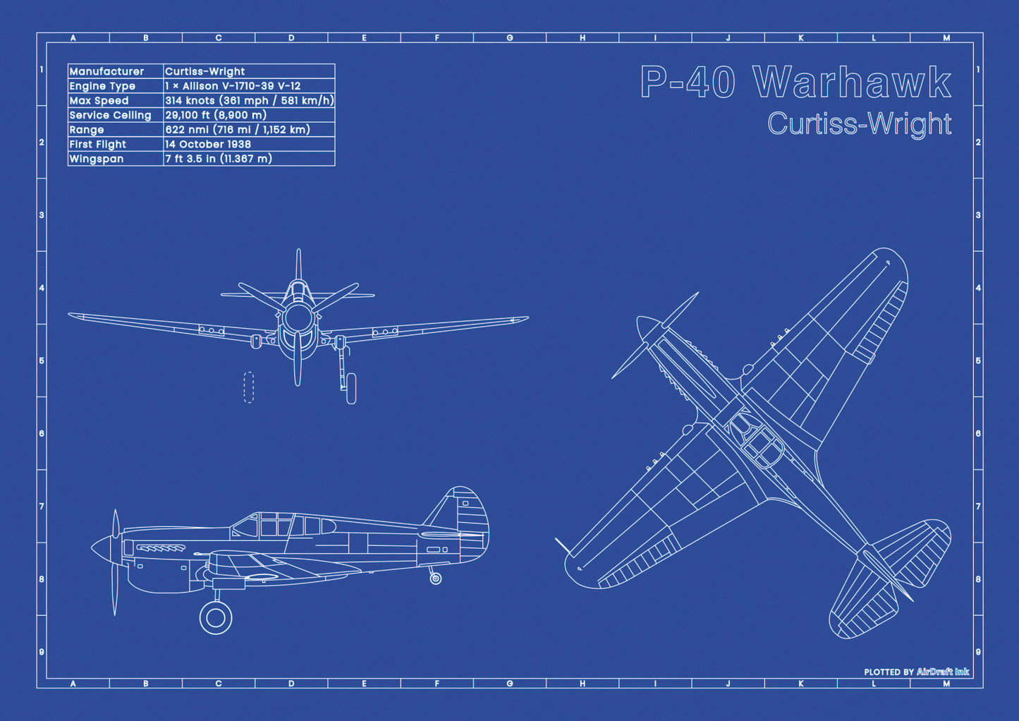 Curtis P-40 Warhawk technical aircraft plan drawing in blueprint style, aviation wall art poster gift for aircraft enthusiasts and pilots.