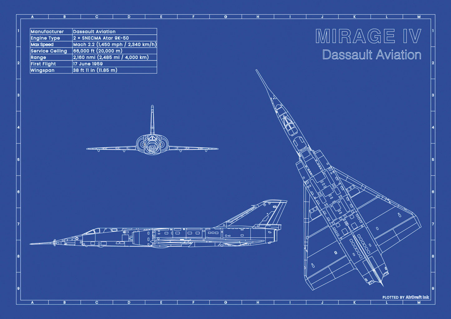 Dassault Mirage IV 3 view technical aircraft plan drawing in blueprint style, aviation wall art poster gift for aircraft enthusiasts and pilots.