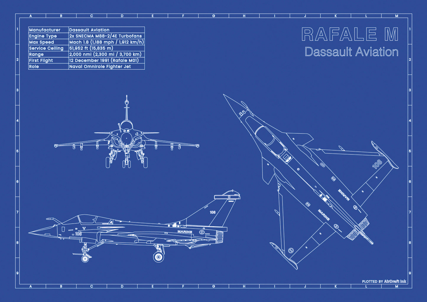 Dassault Rafale M technical aircraft plan drawing in blueprint style, aviation wall art poster gift for aircraft enthusiasts and pilots.