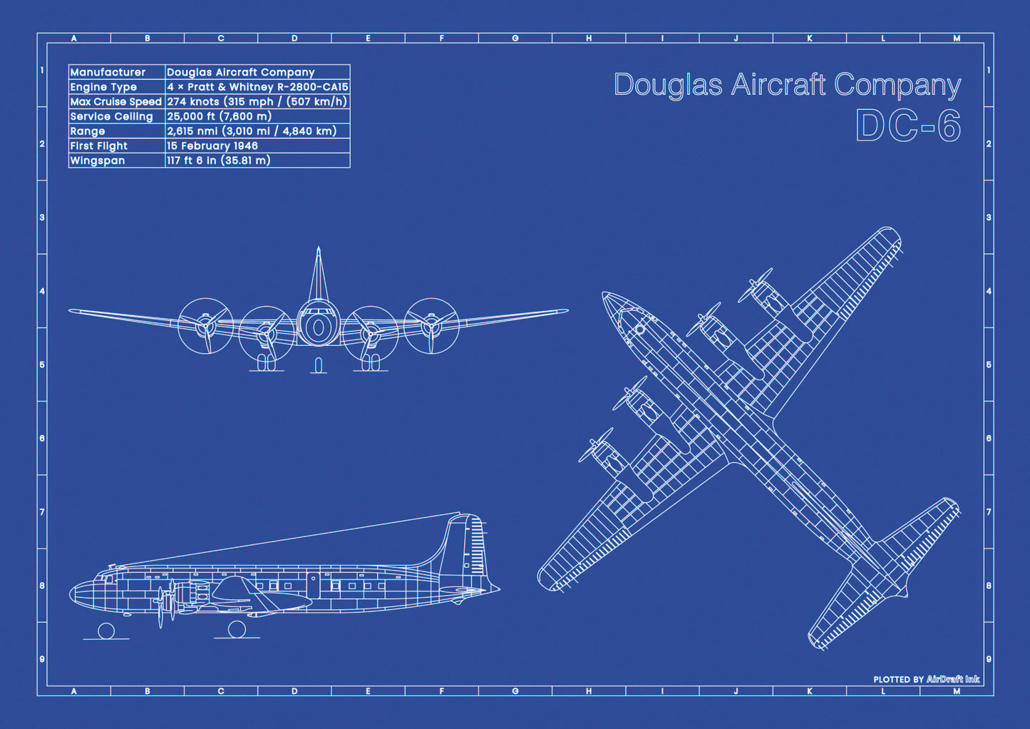 Douglas DC-6-technical aircraft plan drawing in blueprint style, aviation wall art poster gift for aircraft enthusiasts and pilots.