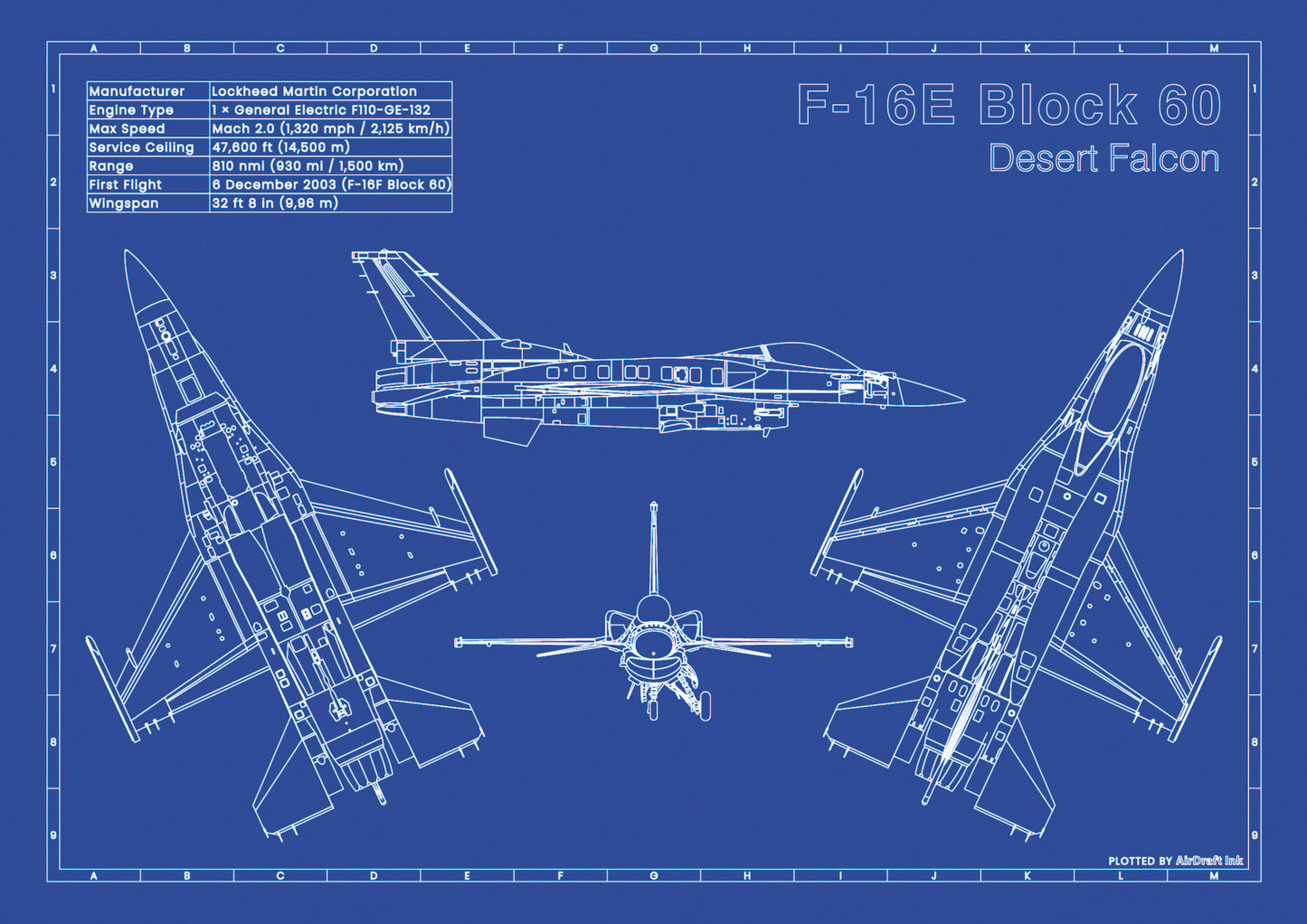 Lockheed Martin F-16E Desert Falcon technical aircraft plan drawing artwork created in blueprint style, aviation wall art poster gift for aircraft enthusiast or pilot.