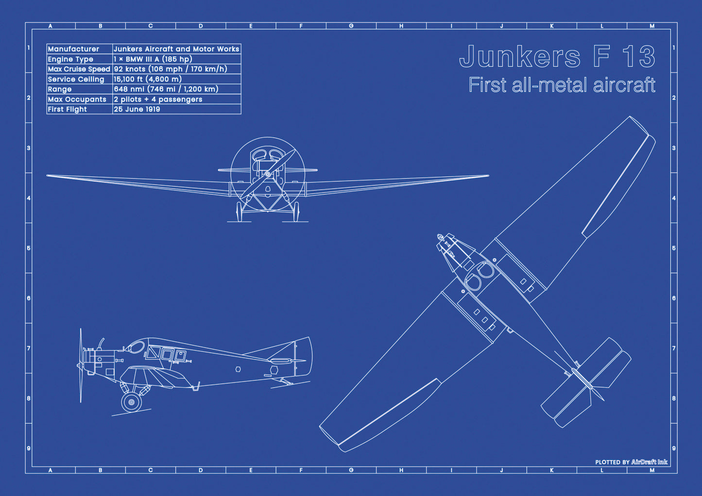 Junkers F13 technical aircraft plan drawing in blueprint style, aviation wall art poster gift for aircraft enthusiasts and pilots.