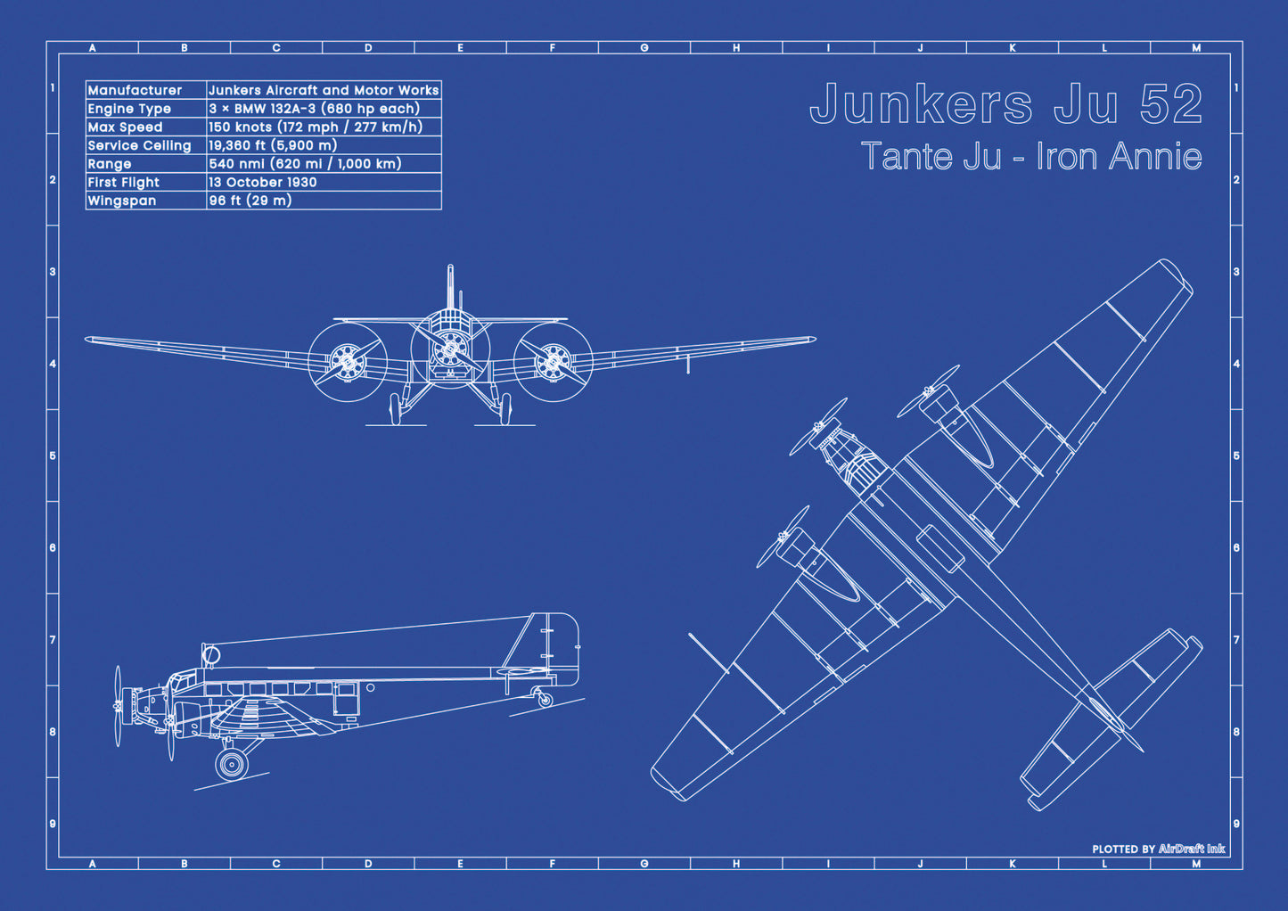 Junkers Ju 52 technical aircraft plan drawing in blueprint style, aviation wall art poster gift for aircraft enthusiasts and pilots.