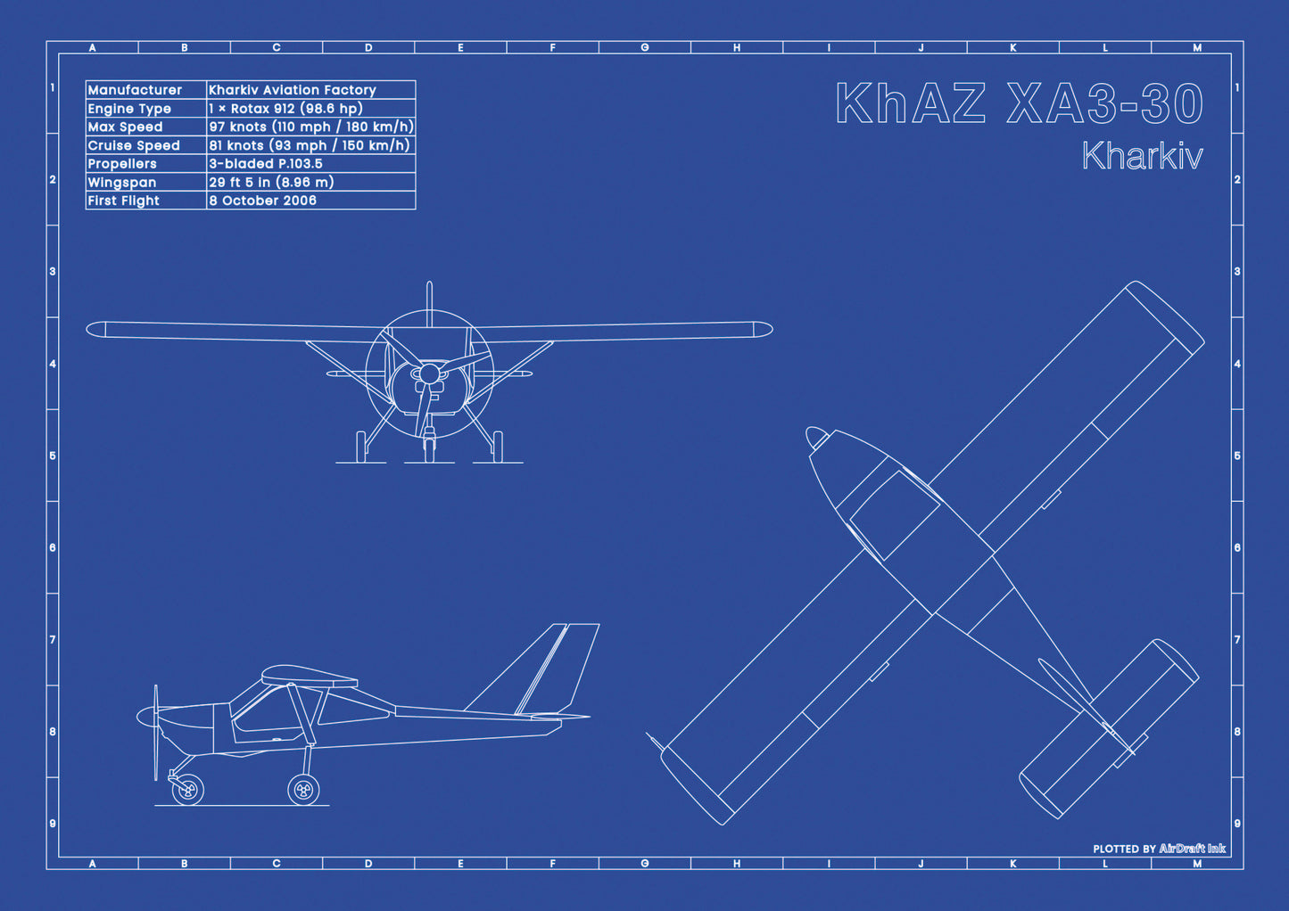 Kharkiv KhAZ 30 technical aircraft plan drawing in blueprint style, aviation wall art poster gift for aircraft enthusiasts and pilots.