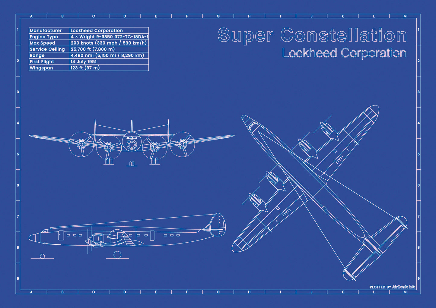 Lockheed Super Constellation technical aircraft plan drawing in blueprint style, aviation wall art poster gift for aircraft enthusiasts and pilots.