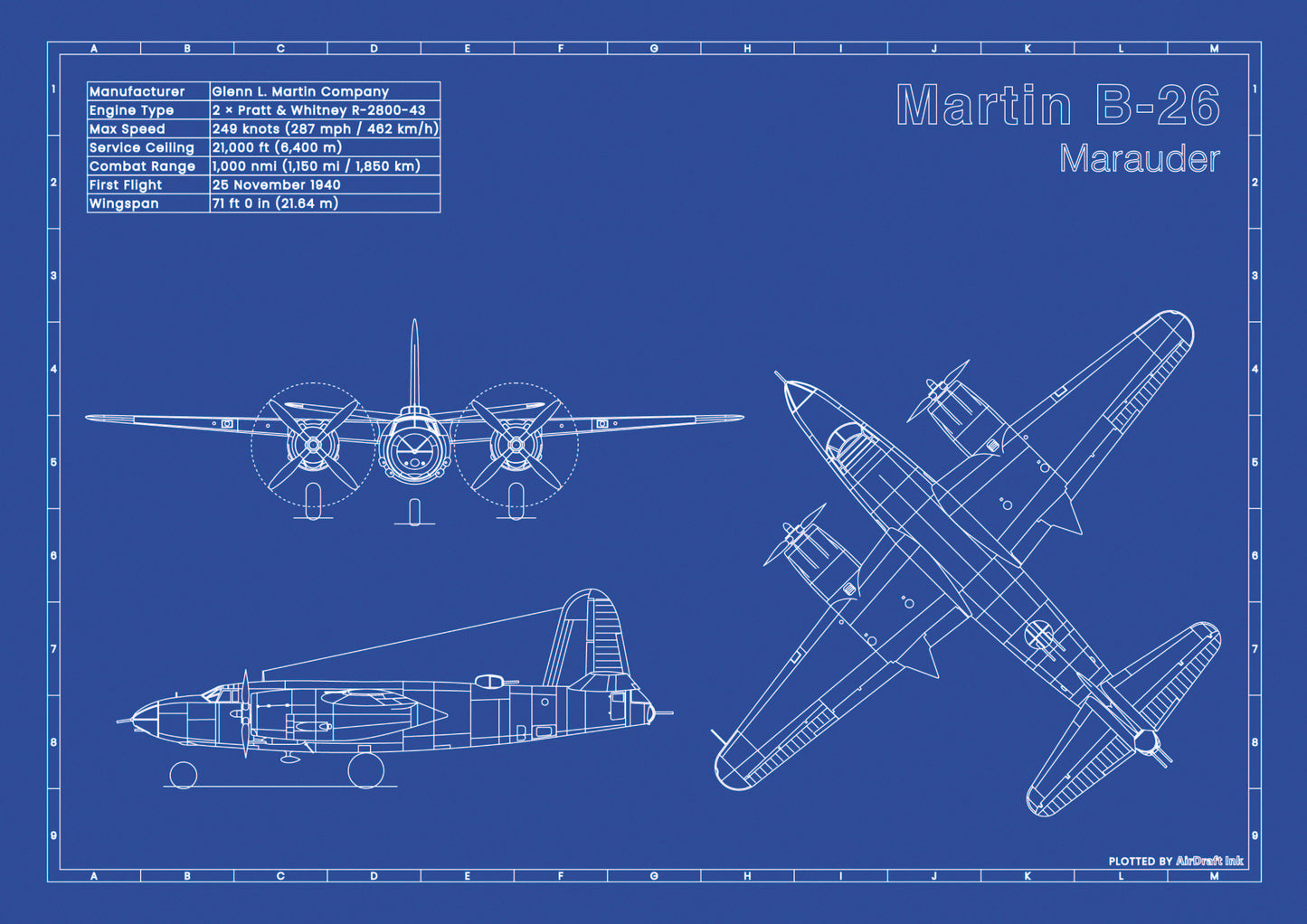 Martin B-26 Marauder technical aircraft plan drawing in blueprint style, aviation wall art poster gift for aircraft enthusiasts and pilots.