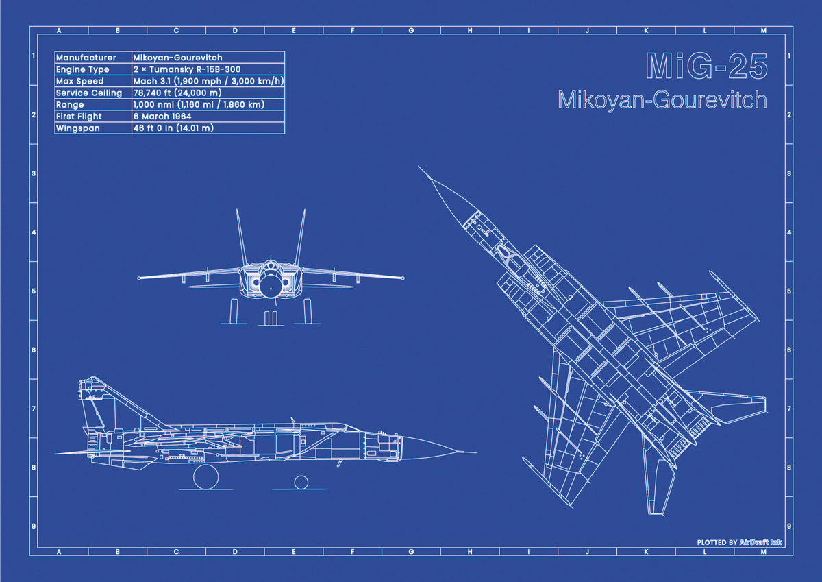 MiG-25 technical aircraft plan drawing in blueprint style, aviation wall art poster gift for aircraft enthusiasts and pilots.