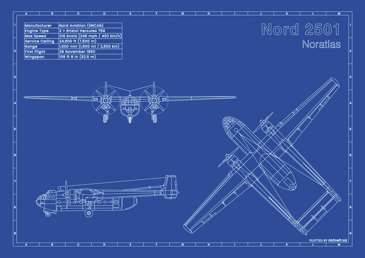 Nord 2501 Noratlas technical aircraft plan drawing in blueprint style, aviation wall art poster gift for aircraft enthusiasts and pilots.