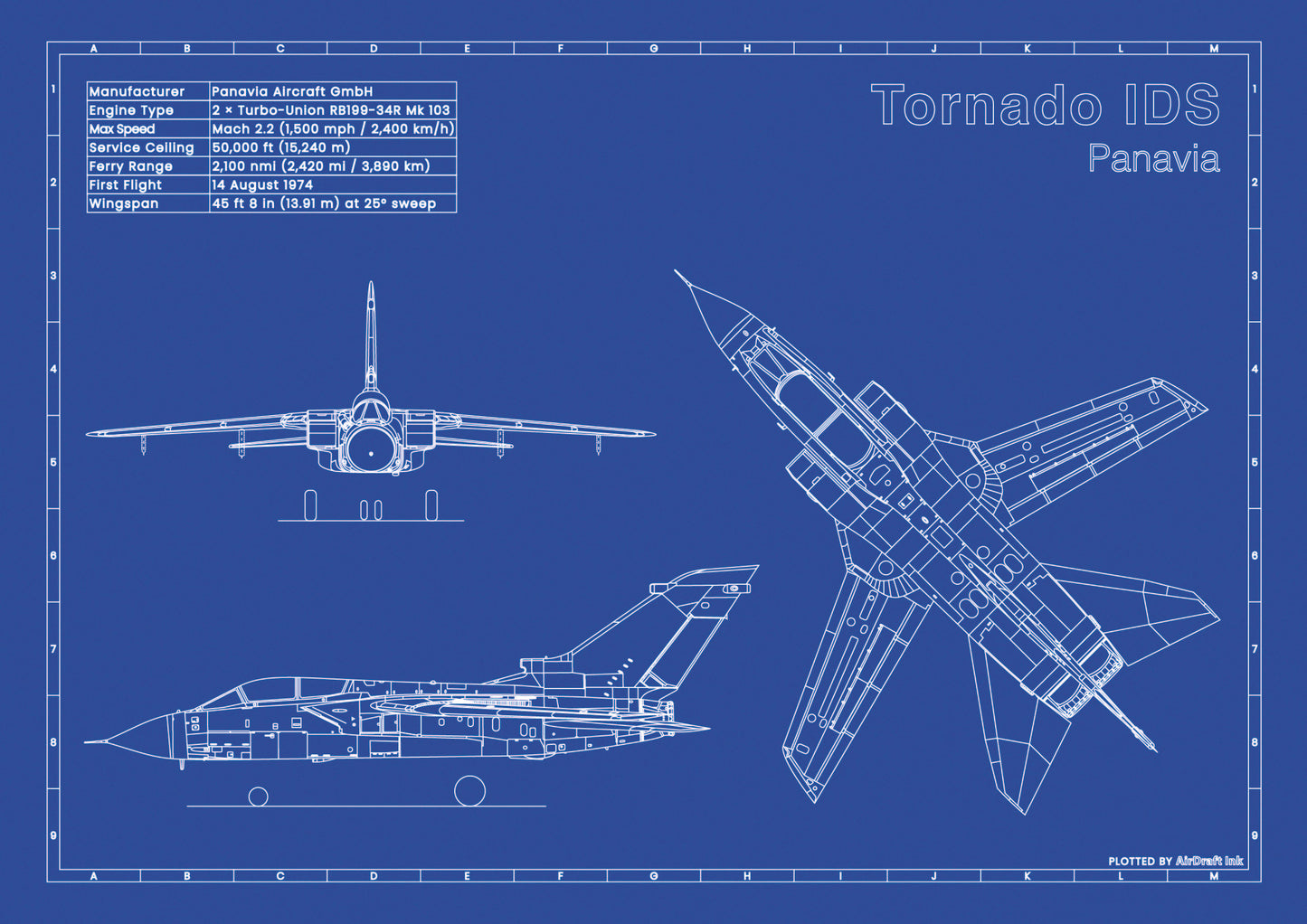 PANAVIA TORNADO IDS technical aircraft plan drawing in blueprint style, aviation wall art poster gift for aircraft enthusiasts and pilots.