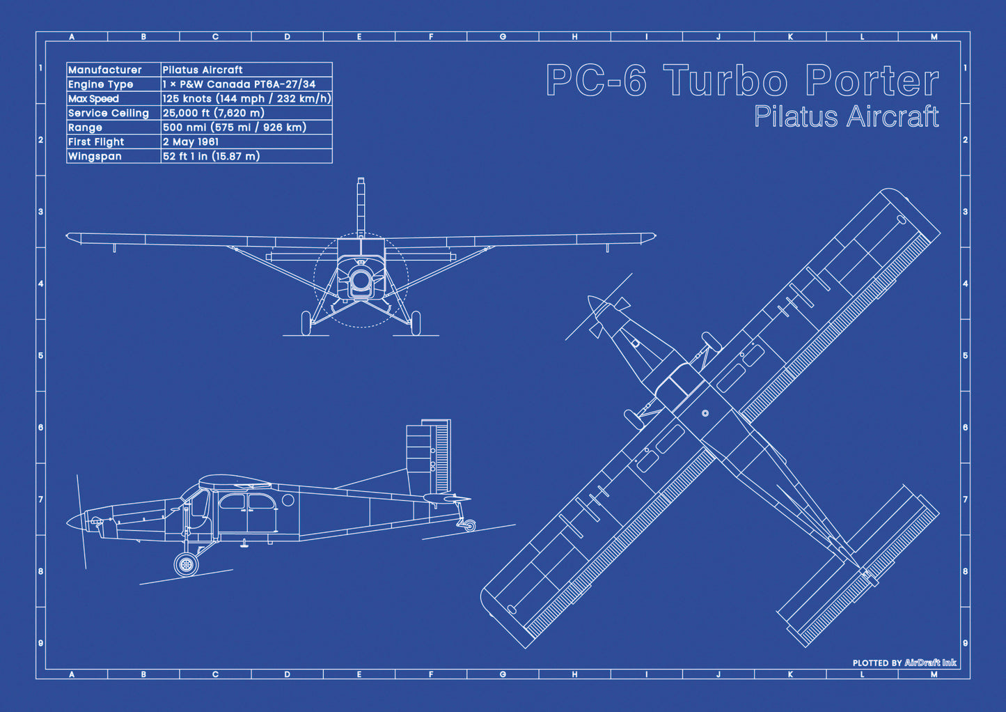 Pilatus PC-6 Turbo Porter technical aircraft plan drawing in blueprint style, aviation wall art poster gift for aircraft enthusiasts and pilots.