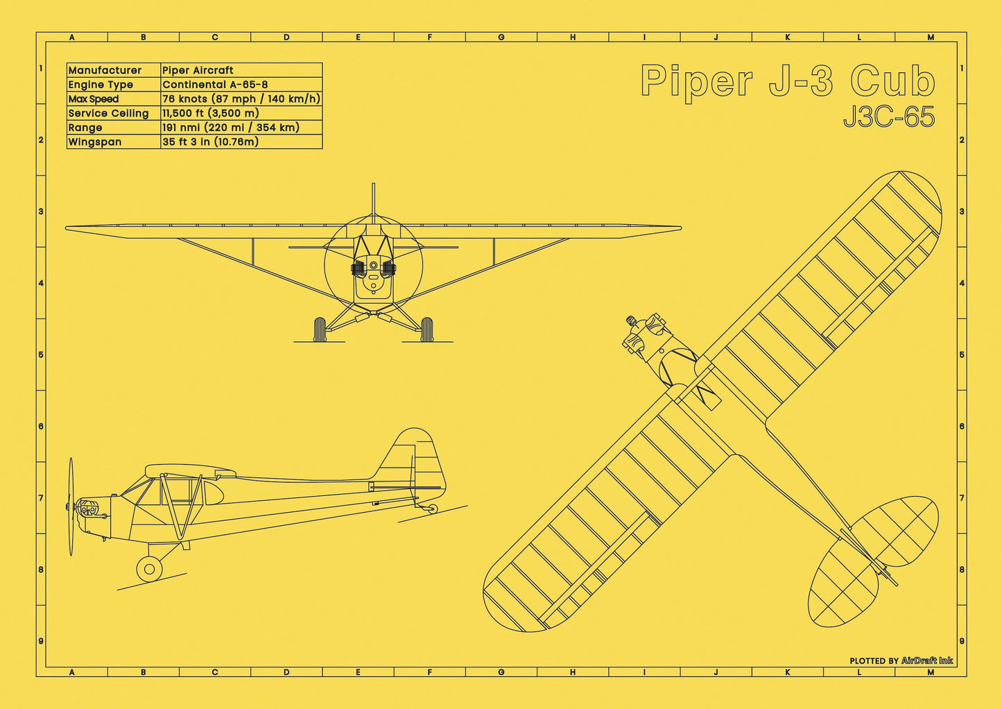 Piper J-3 Cub Yellow Edition technical aircraft plan drawing in blueprint style, aviation wall art poster gift for aircraft enthusiasts and pilots.