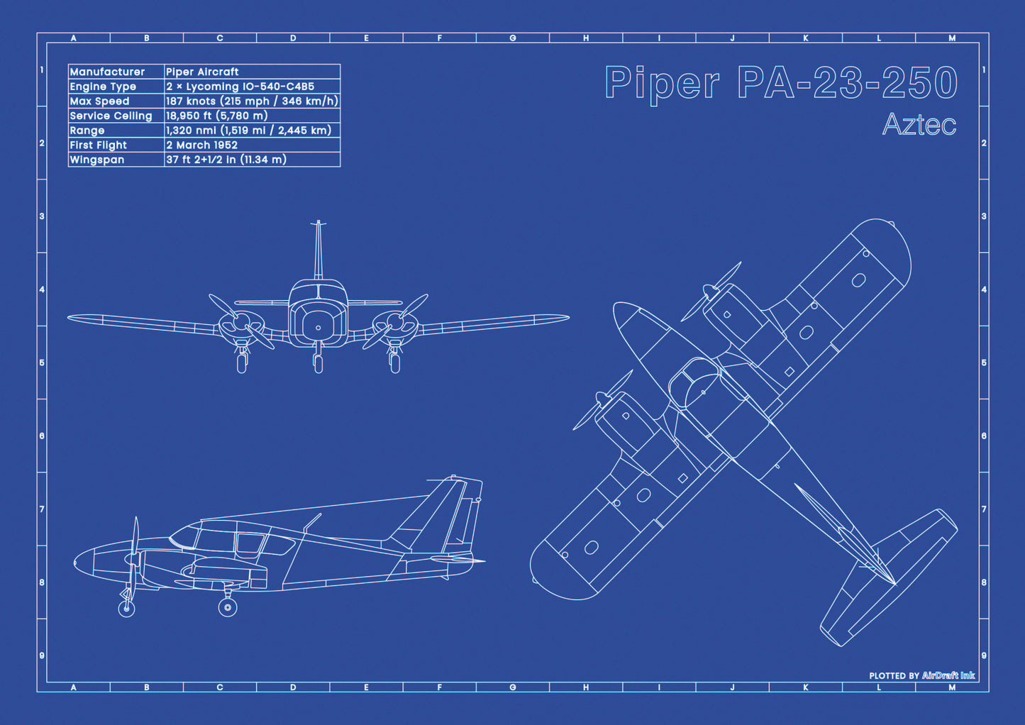 Piper PA-23-250 Aztec technical aircraft plan drawing in blueprint style, aviation wall art poster gift for aircraft enthusiasts and pilots.