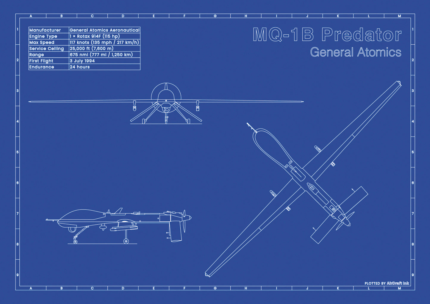 Predator MQ-1B technical aircraft plan drawing in blueprint style, aviation wall art poster gift for aircraft enthusiasts and pilots.
