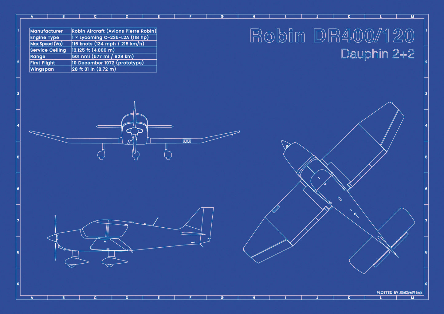 Robin DR400 120 hp Dauphin 2+2 technical aircraft plan drawing in blueprint style, aviation wall art poster gift for aircraft enthusiasts and pilots.