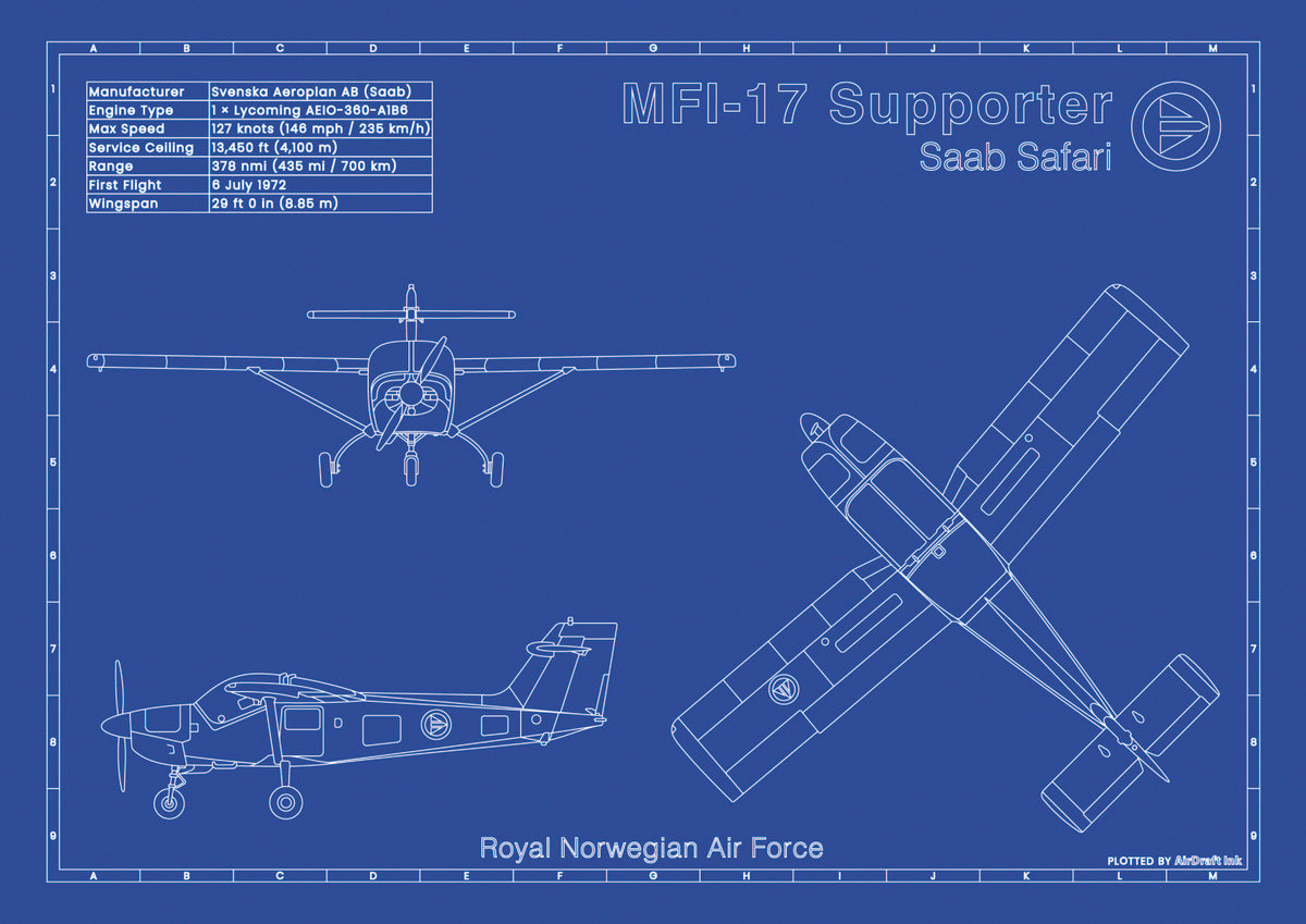 Saab MFI-17 Supporter Noregian Air Force technical aircraft plan drawing in blueprint style, aviation wall art poster gift for aircraft enthusiasts and pilots.
