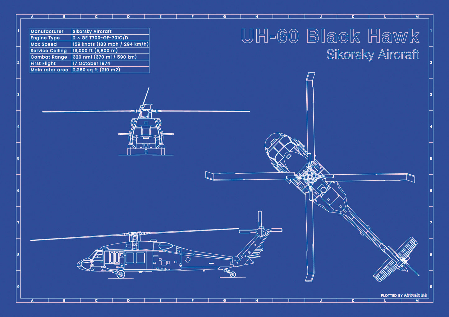 Sikorsky UH-60 Black-HawK technical aircraft plan drawing in blueprint style, aviation wall art poster gift for aircraft enthusiasts and pilots.