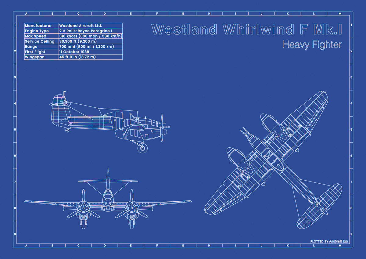 Westland Whirlwind F Mk I technical aircraft plan drawing in blueprint style, aviation wall art poster gift for aircraft enthusiasts and pilots.
