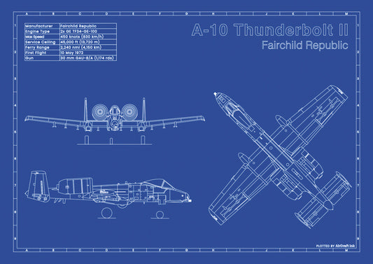 A-10 Thunderbolt II technical aircraft plan drawing in blueprint style, aviation wall art poster gift for aircraft enthusiasts and pilots.