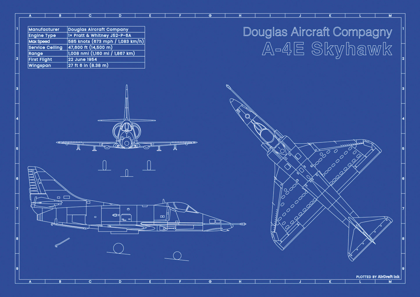 A-4E Skyhawk technical aircraft plan drawing in blueprint style, aviation wall art poster gift for aircraft enthusiasts and pilots.