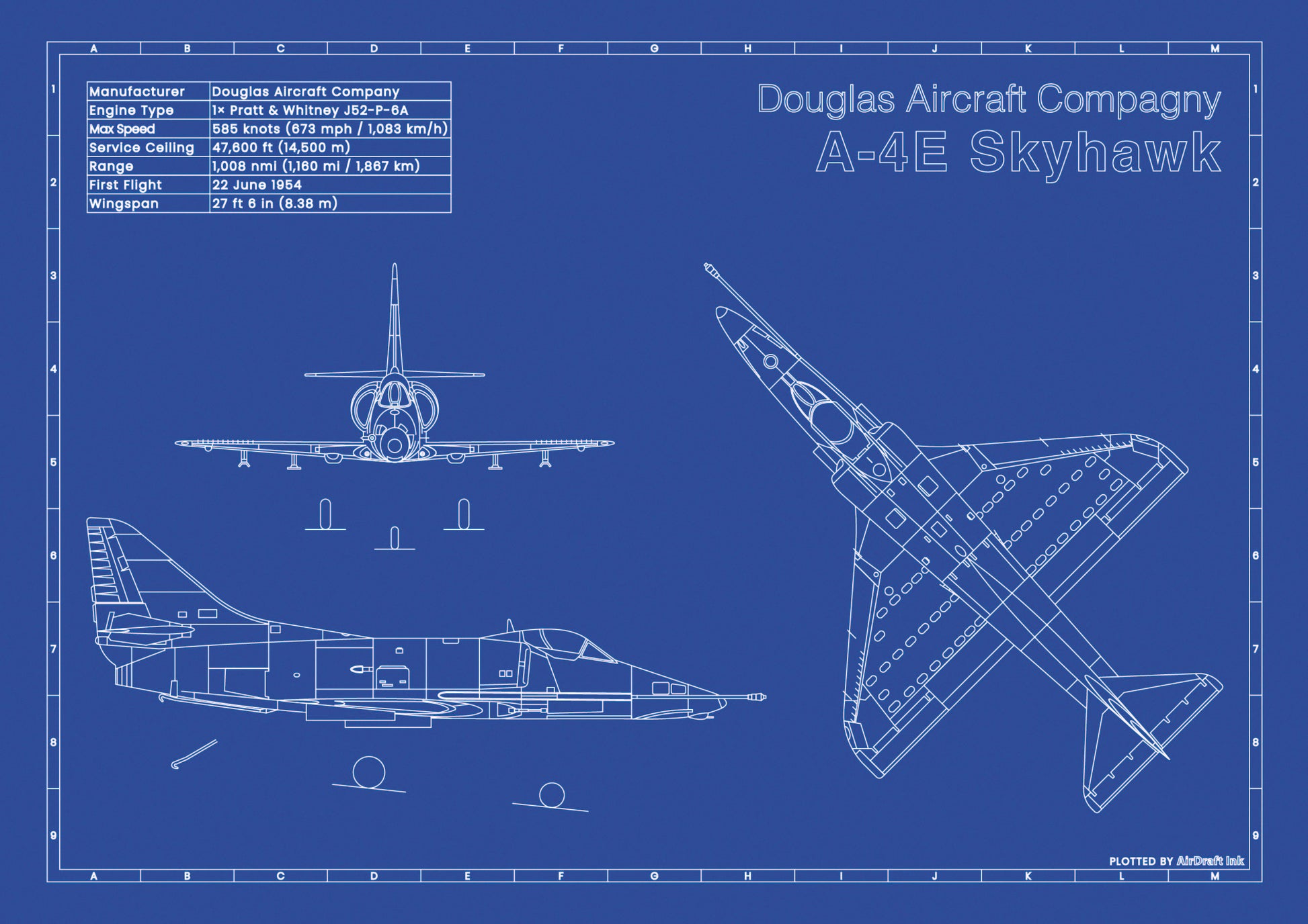 A-4E Skyhawk technical aircraft plan drawing in blueprint style, aviation wall art poster gift for aircraft enthusiasts and pilots.