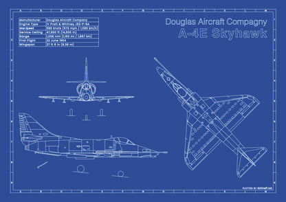 A-4E Skyhawk technical aircraft plan drawing in blueprint style, aviation wall art poster gift for aircraft enthusiasts and pilots.