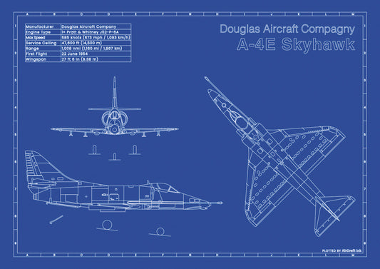 A-4E Skyhawk technical aircraft plan drawing in blueprint style, aviation wall art poster gift for aircraft enthusiasts and pilots.