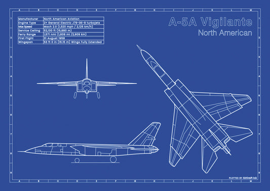 North American A-5A Vigilante technical aircraft plan drawing in blueprint style, aviation wall art poster gift for aircraft enthusiasts and pilots.