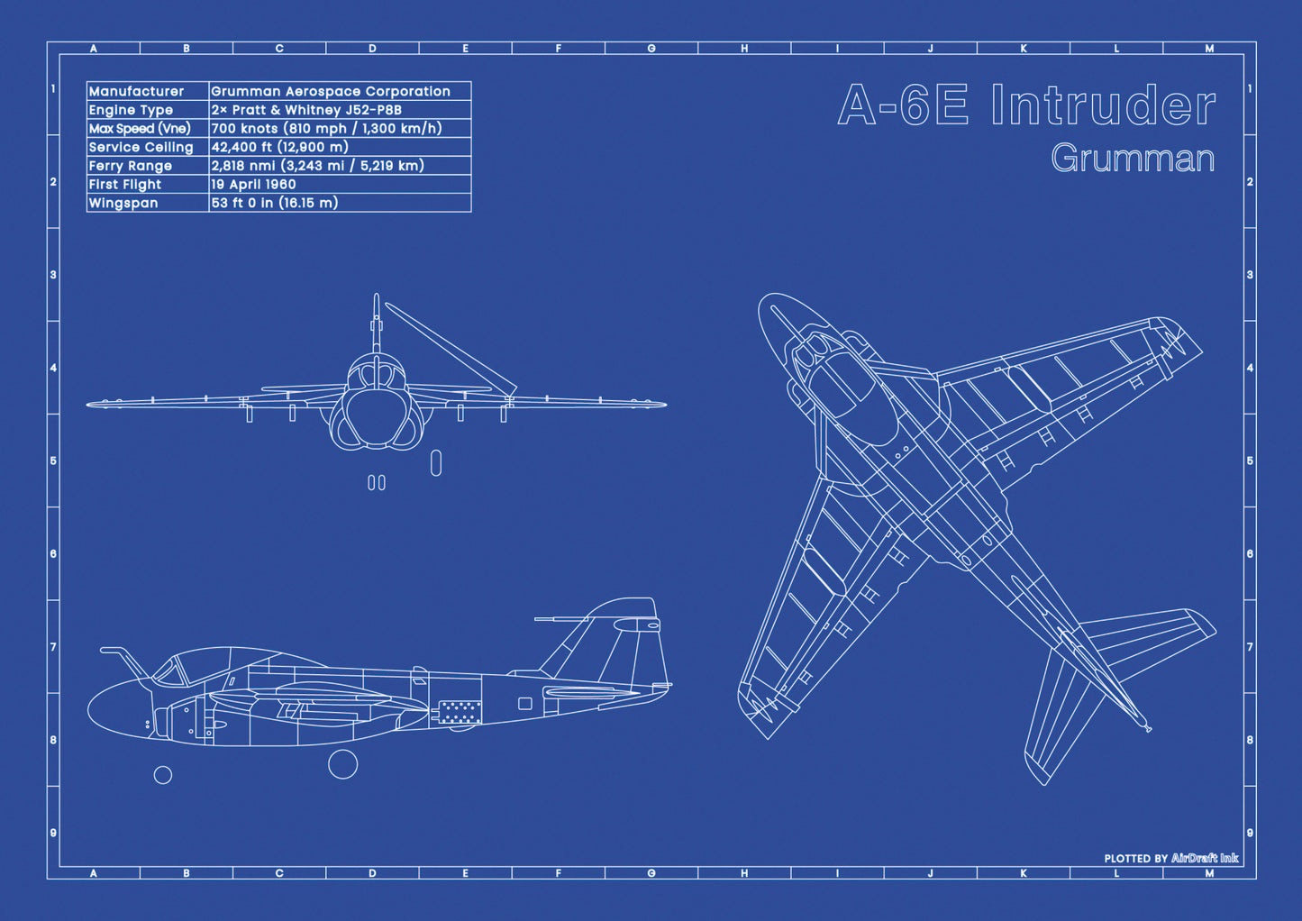 Grumman A-6E Intruder technical aircraft plan drawing in blueprint style, aviation wall art poster gift for aircraft enthusiasts and pilots.