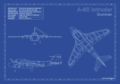 Grumman A-6E Intruder technical aircraft plan drawing in blueprint style, aviation wall art poster gift for aircraft enthusiasts and pilots.