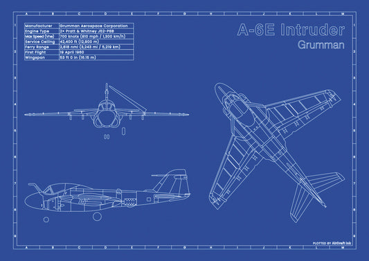 Grumman A-6E Intruder technical aircraft plan drawing in blueprint style, aviation wall art poster gift for aircraft enthusiasts and pilots.