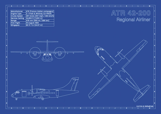 ATR 42-200 technical aircraft plan drawing in blueprint style, aviation wall art poster gift for aircraft enthusiasts and pilots.