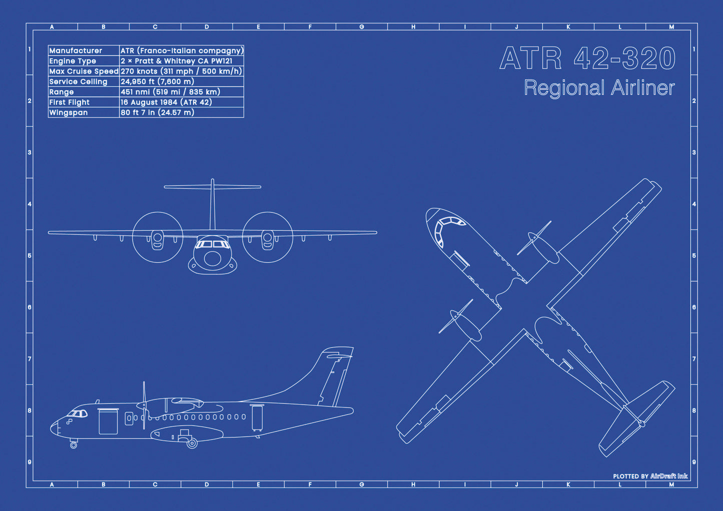 ATR 42-320 technical aircraft plan drawing in blueprint style, aviation wall art poster gift for aircraft enthusiasts and pilots.