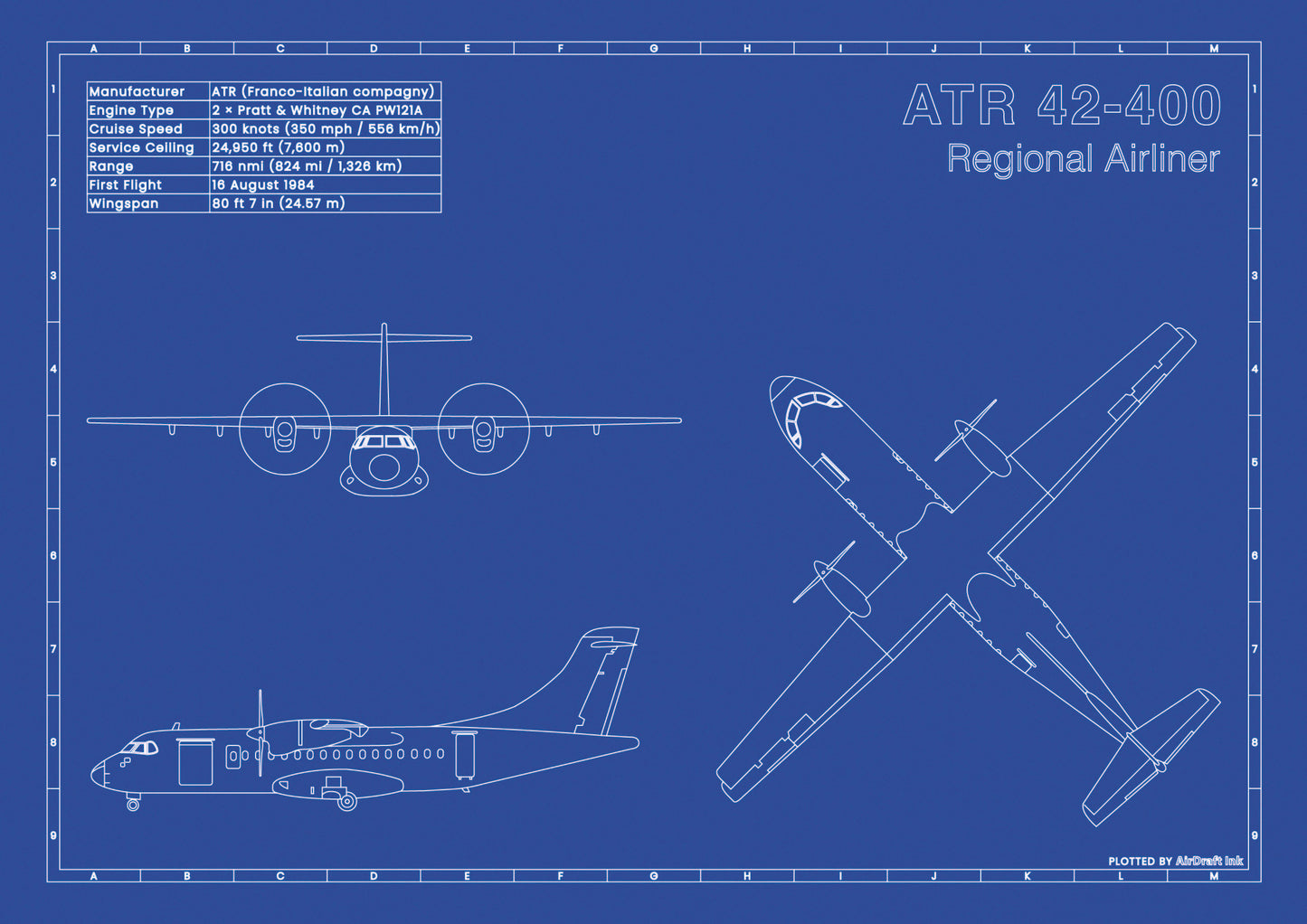 ATR 42-400 technical aircraft plan drawing in blueprint style, aviation wall art poster gift for aircraft enthusiasts and pilots.