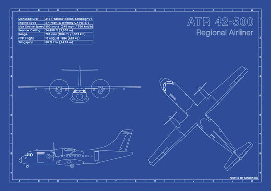 ATR 42-500 technical aircraft plan drawing in blueprint style, aviation wall art poster gift for aircraft enthusiasts and pilots.