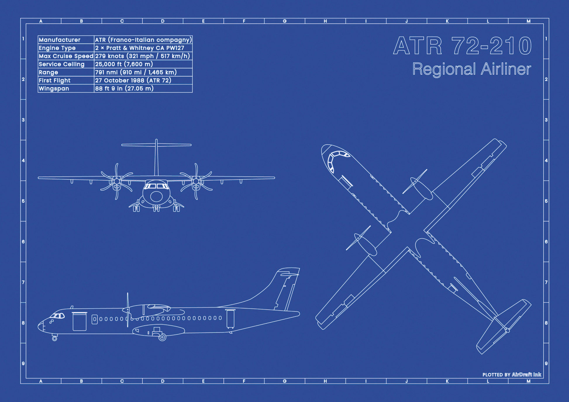 ATR 72-210 technical aircraft plan drawing in blueprint style, aviation wall art poster gift for aircraft enthusiasts and pilots.