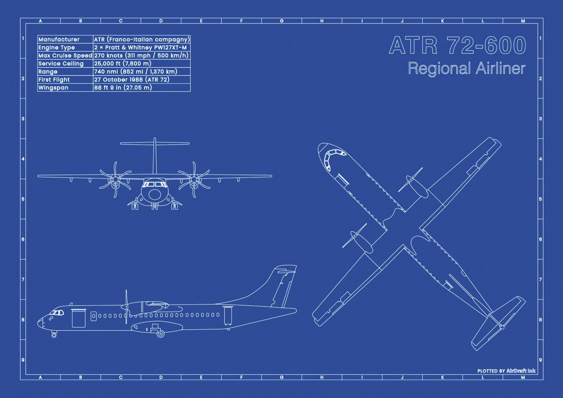 ATR 72-600 technical aircraft plan drawing in blueprint style, aviation wall art poster gift for aircraft enthusiasts and pilots.