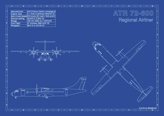 ATR 72-600 technical aircraft plan drawing in blueprint style, aviation wall art poster gift for aircraft enthusiasts and pilots.