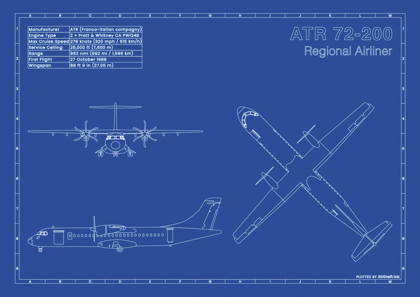 ATR 72-200 technical aircraft plan drawing in blueprint style, aviation wall art poster gift for aircraft enthusiasts and pilots.